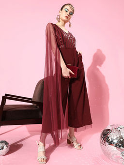 AAREIN - Women Maroon Sequined Polyester Party Jumpsuit