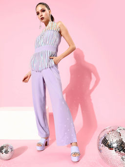 AAREIN - Women Lavender Stripes Polyester Party Jumpsuit