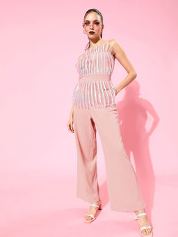 AAREIN - Women Peach Stripes Polyester Party Jumpsuit
