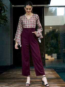 AAREIN - Women Burgundy V-Neck Printed Polyester Jumpsuit