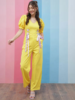 AAREIN - Women Yellow V-Neck Solid Polyester Casual Jumpsuit