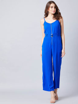 AAREIN - Women Blue Sleeveless Solid Polyester Jumpsuit with Belt