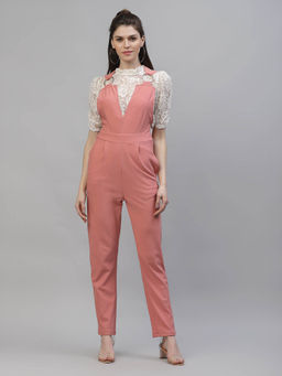 AAREIN - Women Peach Sleeveless Solid Polyester Casual Jumpsuit