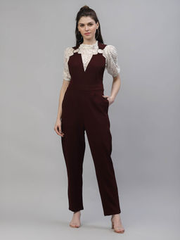 AAREIN - Women Burgundy Sleeveless Solid Polyester Casual Jumpsuit