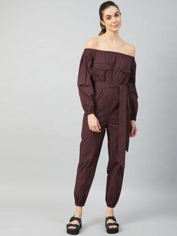 AAREIN - Women Brown Long Sleeves Off-Shoulder Solid Cotton Jumpsuit