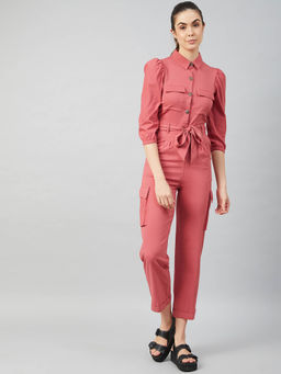 AAREIN - Women Peach Shirt Collar Solid Polyester Casual Jumpsuit with Belt