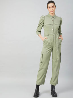 AAREIN - Women Green Shirt Collar Solid Polyester Casual Jumpsuit with Belt