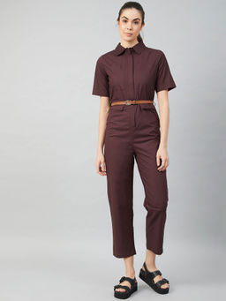 AAREIN - Women Brown Short Sleeves Collar Solid Cotton Casual Jumpsuit