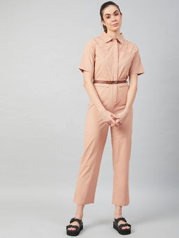 AAREIN - Women Nude Short Sleeves Collar Solid Cotton Casual Jumpsuit