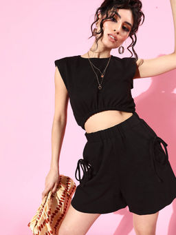 AAREIN - Women Black Solid Polyester Casual Playsuit