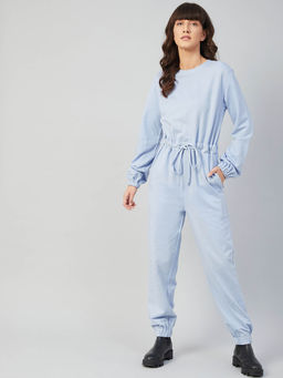 AAREIN - Women Blue Long Sleeves Solid Polyester Casual Jumpsuit