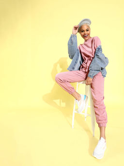 AAREIN - Women Pink Long Sleeves Solid Polyester Casual Jumpsuit