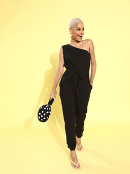 AAREIN - Women Black One Shoulder Solid Polyester Jumpsuit