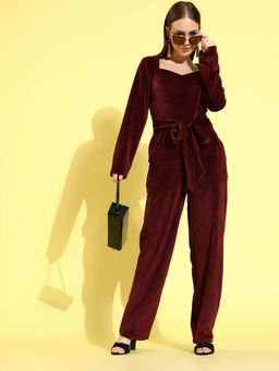 AAREIN - Women Maroon Sweetheart Neck Solid Polyester Party Jumpsuit
