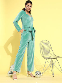 AAREIN - Women Sea Green Sweetheart Neck Solid Polyester Party Jumpsuit