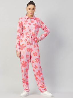 AAREIN - Women Pink Floral Printed Polyester Casual Jumpsuit
