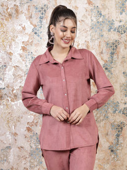 AAREIN - Women Dusky Pink Collar Long Sleeves Solid Shirt