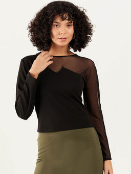 AAREIN - Women Black Round Neck Long Sleeves Solid Top