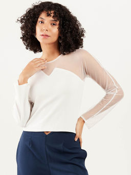 AAREIN - Women White Round Neck Long Sleeves Solid Top