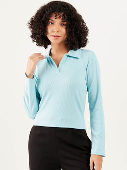 AAREIN - Women Sky Blue Collar Long Sleeves Solid Casual Top