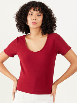 AAREIN - Women Maroon Short Sleeves Solid Regular Fit Casual Top