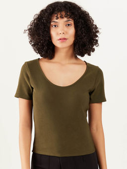 AAREIN - Women Olive Short Sleeves Solid Regular Fit Casual Top