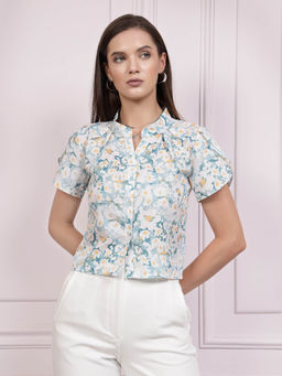 AAREIN - Women Blue Mandarin Collar Floral Printed Crop Shirt