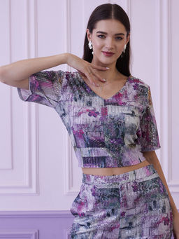 AAREIN - Women Purple Half Sleeves Sequined Party Crop Top