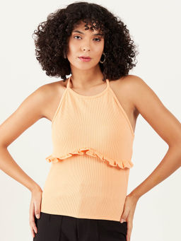 AAREIN - Women Apricot Peach Halter Neck Solid Casual Top