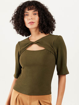 AAREIN - Women Olive Half Sleeves Solid Casual Regular Top
