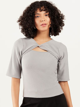 AAREIN - Women Grey Half Sleeves Solid Casual Regular Top