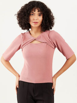 AAREIN - Women Pink Half Sleeves Solid Casual Regular Top