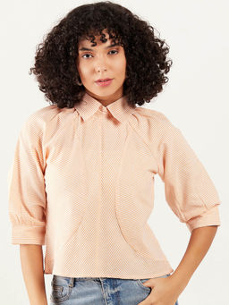 AAREIN - Women Orange Collar Short Sleeves Stripes Casual Regular Top