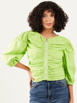 AAREIN - Women Neon Green Solid Zipper Casual Top