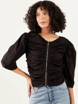 AAREIN - Women Black Solid Zipper Casual Top