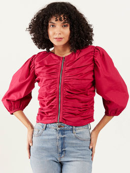 AAREIN - Women Maroon Solid Zipper Casual Top