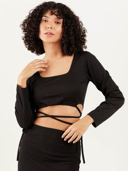 AAREIN - Women Black Long Sleeves Solid Crop Top