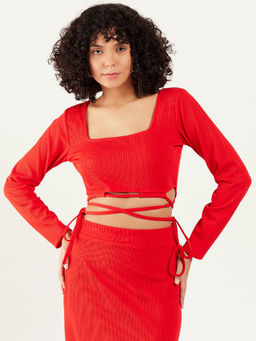 AAREIN - Women Red Long Sleeves Solid Crop Top