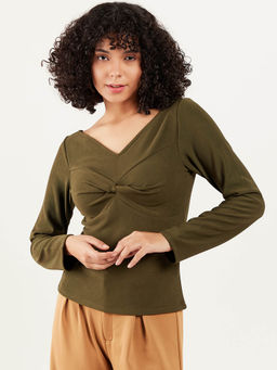 AAREIN - Women Olive V-Neck Long Sleeves Solid Casual Regular Top