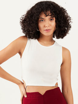 AAREIN - Women White Round Neck Sleeveless Solid Crop Top
