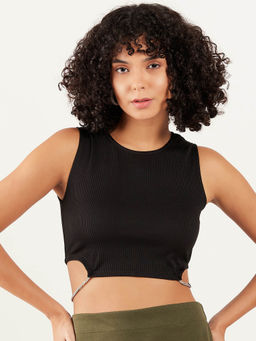 AAREIN - Women Black Round Neck Sleeveless Solid Crop Top