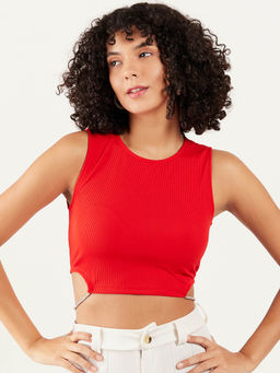 AAREIN - Women Red Round Neck Sleeveless Solid Crop Top