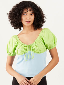 AAREIN - Women Green and Blue Colorblock Casual Top