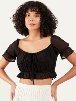 AAREIN - Women Black Solid Puff Sleeves Crop Top