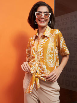 AAREIN - Women Mustard Short Sleeves Printed Casual Shirt