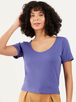 AAREIN - Women Blue Short Sleeves Solid Regular Fit Casual Top