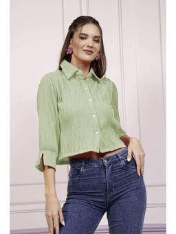 AAREIN - Women Pista Green Self Design Crop Shirt
