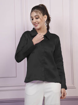 AAREIN - Women Black Collar Long Sleeves Solid Shirt