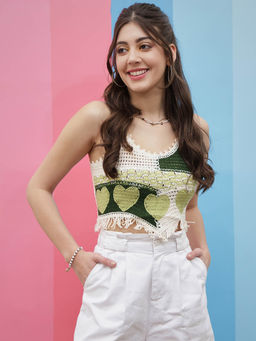 AAREIN - Women Green Sleeveless Self Design Crop Top