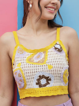 AAREIN - Women Yellow Sleeveless Self Design Crop Top